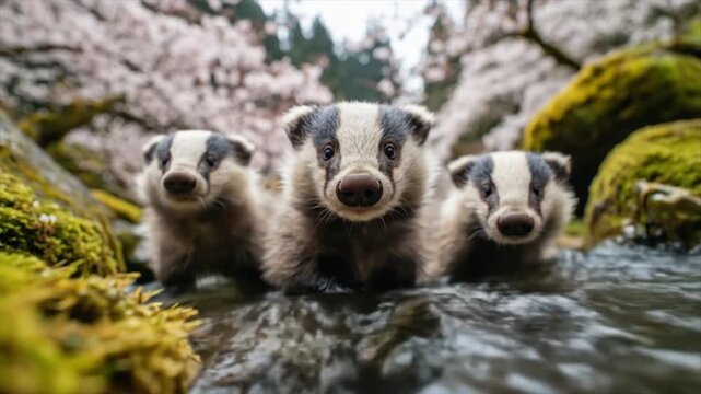 Group of badgers in a stream with pink blossoms and green moss
