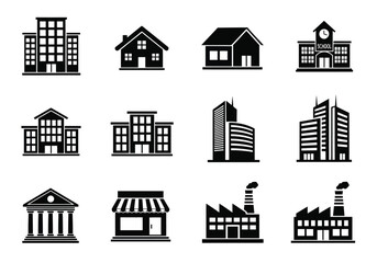 Fototapeta premium Illustration of collection of building icons including residential, commercial, and industrial structures