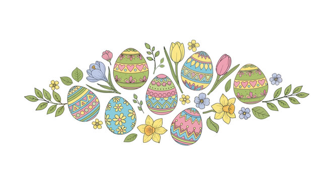 Ornate decorated Easter eggs are nestled among spring flowers and leafy green branches in a banner.