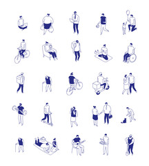 Isometric line people isolated set of diverse characters in everyday activities on white background. Minimal blue outline lifestyle collection showing urban routine, active scenes.