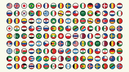 Vibrant collection of numerous national flags from around the world, presented as clean circular icons, symbolizing global diversity and international unity