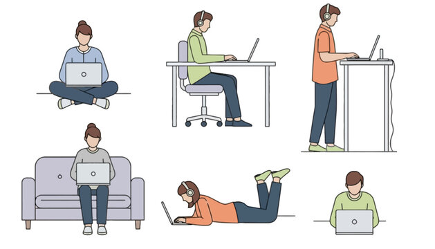 Various individuals in comfortable and ergonomic positions using laptops for work or leisure activities, promoting a healthy lifestyle
