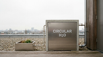 Obraz premium Conscious water cycling system bringing life to a barren city rooftop under an overcast sky