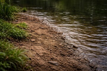 Peaceful Riverbank with Calm Water and Lush Green Grass on the Shore - Serene Natural Landscape at Daylight