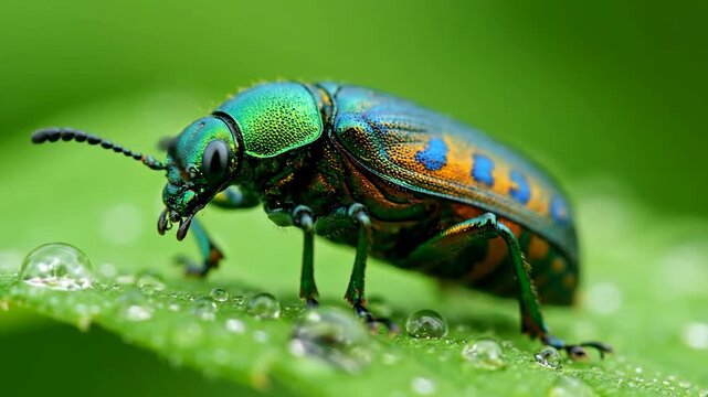 An iridescent beetle rests on a green leaf with water drops