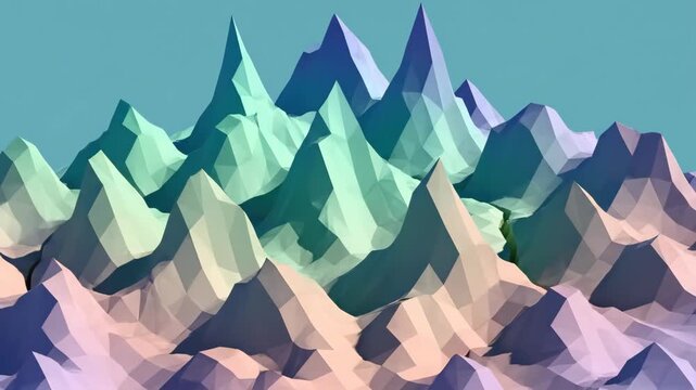 Animated low poly mountain range rising from flat surface in soft pastel teal and pink colors