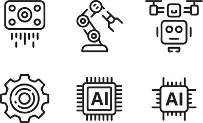 Set of Artificial Intelligence Technology Icons, AI and Digital Tech Line Art Symbols, Modern Futuristic Innovation Outline Icon Collection