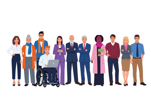 Illustration of a diverse group of professionals, including a person in a wheelchair, stand together in a line