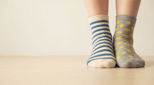 Colorful striped and polka dot socks on feet concept of World Down Syndrome Day  