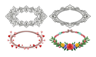Obraz premium 3D Floral Wreaths Set with Hearts and Flowers Isolated Transparent BG Cutout PNG