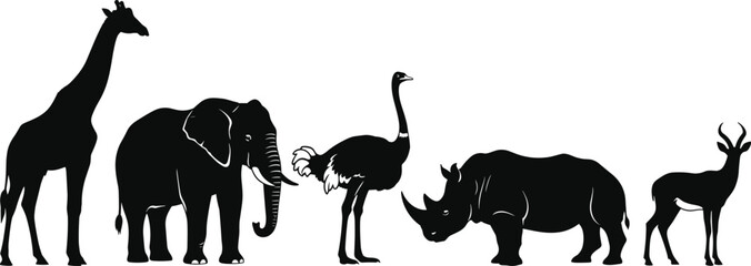 African wildlife silhouette set, giraffe elephant ostrich rhinoceros and antelope isolated on white background vector illustration © Rana