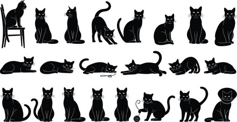 Black cat silhouette collection set, various sitting playing and stretching feline poses isolated on white background vector illustration © Rana