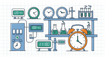 Obraz premium Illustration of laboratory equipment with clocks and chemical flasks on shelves for time and science concepts