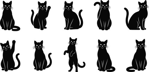 Black cat silhouette poses set, cute sitting and waving feline collection isolated on white background vector illustration © Rana
