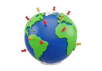 Naklejka premium Globe earth sphere with location pins marks around 3d cartoon style