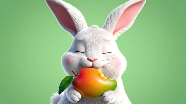 Cute cartoon rabbit character eating mango fruit, whimsical animal food illustration 4K