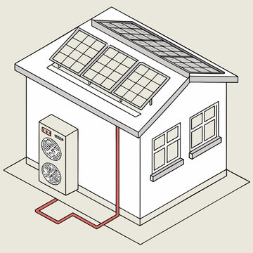 Isometric illustration of a small house with solar panels on the roof and an outdoor heat pump unit connected by red pipes, symbolizing sustainable energy and eco-friendly home solutions.