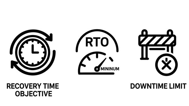 Icons related to disaster recovery: a circular arrow clock for RTO, a speedometer for minimum downtime, and a barrier for downtime limit.