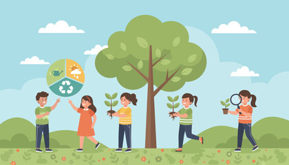 Obraz premium Children learning about nature and sustainability with a large tree and infographic