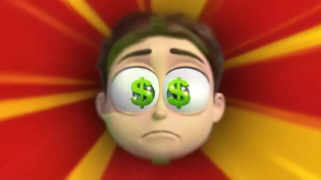 Extreme close-up of blue cartoon eyes widening with green dollar signs appearing in pupils to symbolize greed and wealth