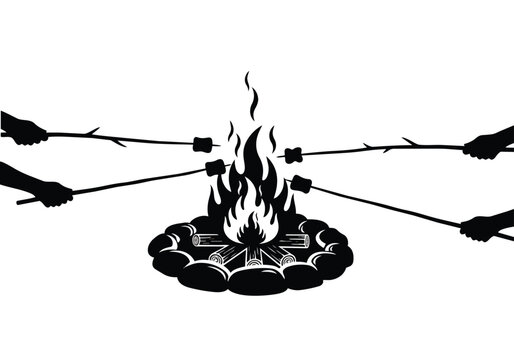 Campfire marshmallow roasting illustration. Hands holding sticks with marshmallows over a fire pit. Outdoor leisure and camping fun concept.