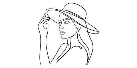 Elegant minimalist continuous line art of woman wearing a sun hat