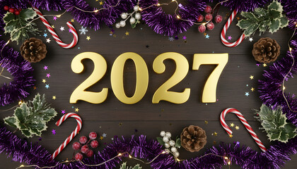 Golden 2027 numerals sit among Christmas and New Year decor&mdash;pinecones, candy canes, purple tinsel, and warm bokeh lights. Ideal for holiday campaigns, celebrations, and festive imagery