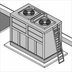 Isometric illustration of a large rooftop HVAC unit with two fans, ladder, and control panel. Modern industrial design for air conditioning and ventilation systems.