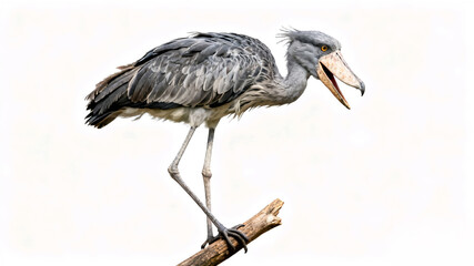Shoebill stork perched on a wooden branch against a white background with its beak slightly open.