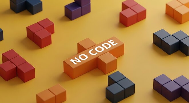 No code development concept represented by colorful puzzle pieces on a yellow background with a central orange piece displaying the words no code.