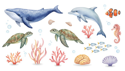 Obraz premium Watercolor Ocean Animals Collection With Whale, Dolphin, Sea Turtles, Coral And Fish Illustrations
