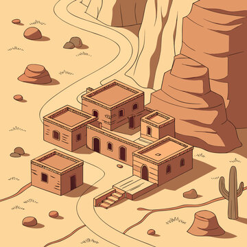 Isometric view of a desert pueblo settlement with multiple adobe buildings, pathways, rocks, and a lone cactus, set against canyon walls.