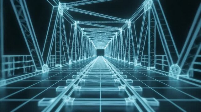 Futuristic digital wireframe rendering of a railway bridge extending into the distance with glowing