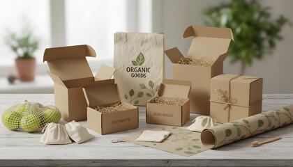 Eco-Friendly Zero-Waste Packaging and Organic Goods Boxes on Rustic Table with Gift Wrap