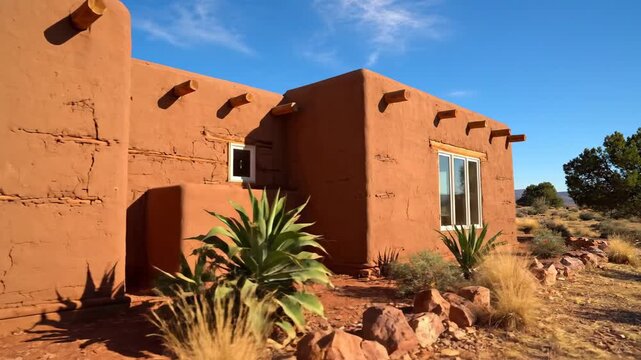Rustic adobe architecture stands within a sunny desert landscape