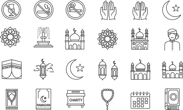 Islamic and Ramadan line icon set featuring kaaba mosque prayer beads quran charity box lanterns and crescent moon vector.