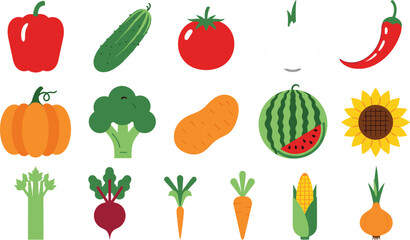 Fototapeta premium Colorful Vegetable and Fruit Icons Set Vector Illustration with Pepper, Tomato, Pumpkin, Carrot, Corn, Watermelon and Sunflower