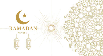 Ramadan Kareem greeting card featuring golden crescent moon stars hanging lanterns and intricate geometric mandala patterns vector. © MdJillur