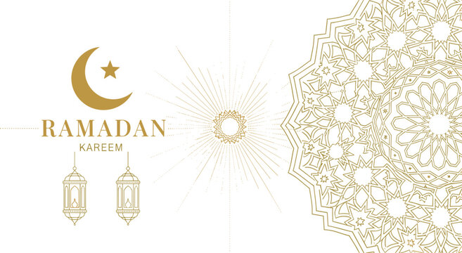 Ramadan Kareem greeting card featuring golden crescent moon stars hanging lanterns and intricate geometric mandala patterns vector.