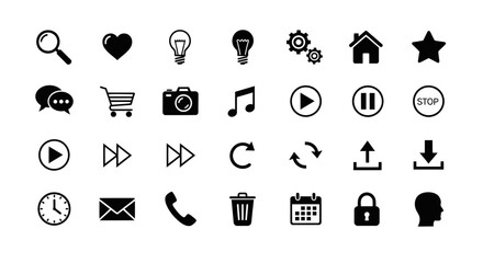 Fototapeta premium Collection of black web and multimedia icons on white background for design and interface use
