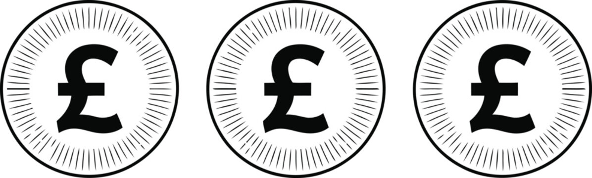 Three identical coins featuring the british pound symbol in black and white