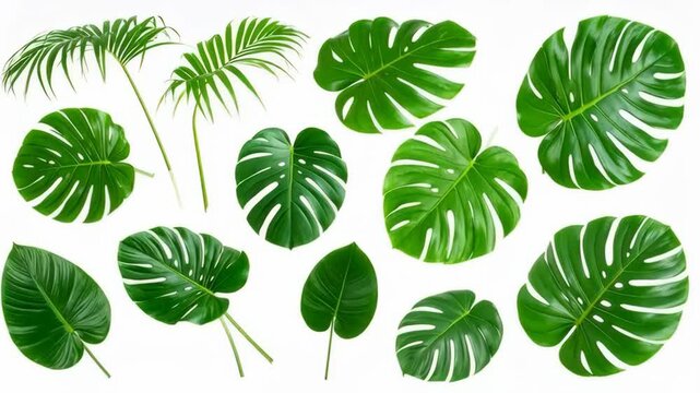 Assortment of green monstera and palm leaves on a white background