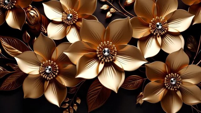 Luxurious golden flowers with crystal centers and metallic leaves on a dark background