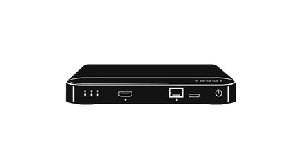 Black computer mini pc with various ports on front and top isolated on white background for technology and innovation concepts