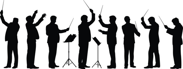 Orchestra conductors silhouettes illustration set, musical performance vector artwork, classical music design graphics, symphony icons collection, maestro symbol © Creative Art