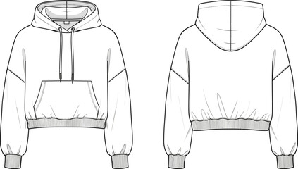 Women's Cropped Hoodie Sweatshirt Fashion Technical Sketch, Long Sleeve Pullover with Pocket, Front and Back View CAD Drawing Flat Vector Illustration © Fozila