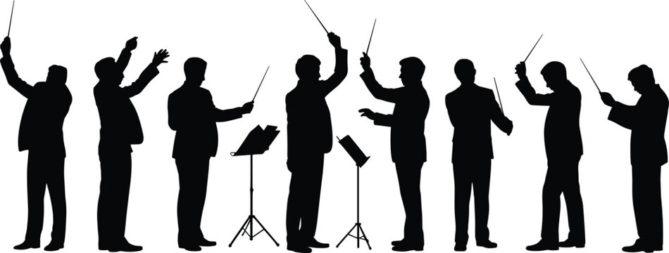 Orchestra conductors silhouettes illustration set, musical performance vector artwork, classical music design graphics, symphony icons collection, maestro symbol