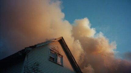 House fire with smoke rising from sloping roof during twilight hours