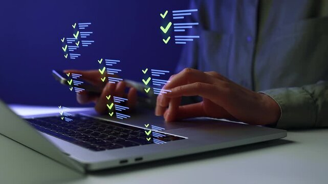 Working on a laptop with checkmarks appearing on the screen during a night task.