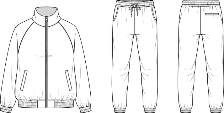 Unisex tracksuit technical fashion flat sketch, zip up raglan jacket and jogger pants set, CAD vector drawing, apparel design template